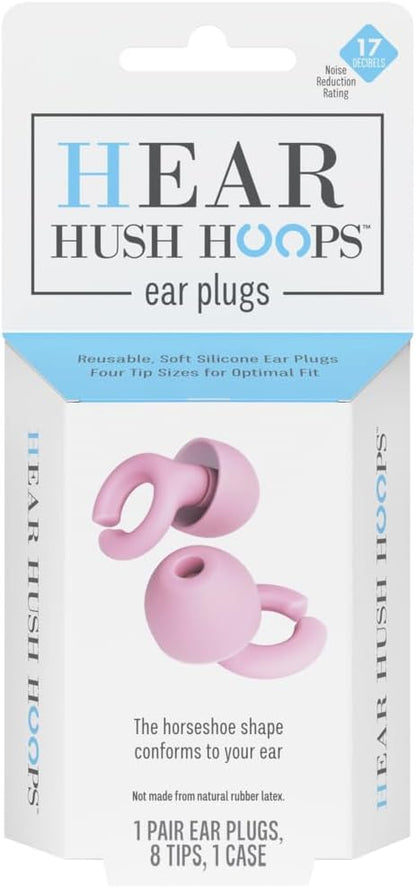 Ear Plugs, Reusable Soft Silicone Plugs with Horseshoe Shape for Comfort, Designed for Sleep and Loud Noises, 17dB (NRR) Noise Reduction Rating, Pink, 1 Pair with Portable Travel Case