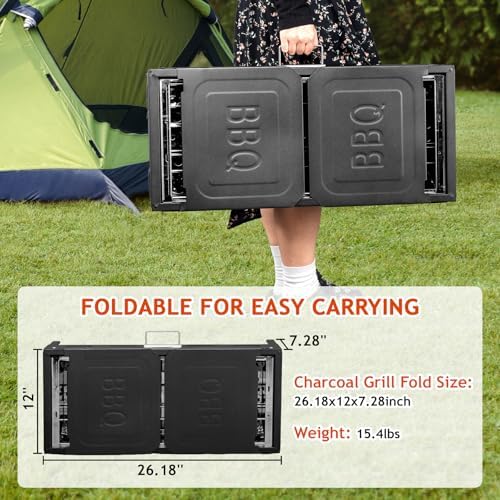 Portable Charcoal Grill, Folding Barbecue Grill with Baking Pan, Carry Bag & Storage Shelf, Outdoor BBQ Smoker for Camping, Garden, Party, Picnic and Patio Cooking