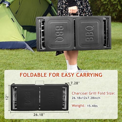 Portable Charcoal Grill, Folding Barbecue Grill with Baking Pan, Carry Bag & Storage Shelf, Outdoor BBQ Smoker for Camping, Garden, Party, Picnic and Patio Cooking