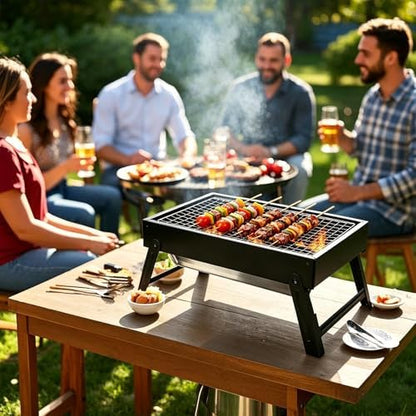 Portable Folding Charcoal Grills, 13.7“x8.7"7.5" Small Camping Campfire Grill, Barbecue Grill for Outdoor Travel Backyard Picnic Beach, with 8-Piece BBQ Accessories