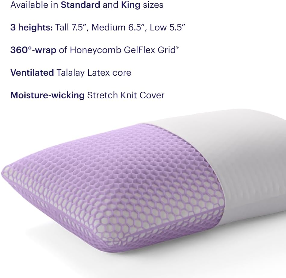 Purple Harmony Pillow - Standard Tall, Greatest Pillow Ever Invented, 360º Hex Grid & Talalay Latex Core - No Pressure Support, Stays Cool, Luxurious Comfort