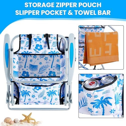 2 Pack Lightweight Portable Camping Beach Chair for Adults, Outdoor Lay Flat Folding Beach Chairs with 5 Positions, Backpack Beach Chair with Towel Bar, Zipper Pouch, Blue Coconut Tree