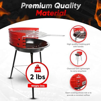 GasOne Charcoal Grill – Barbecue Grill with 4 Levels for Flame Control – Dual Venting System – Portable for Backyard, Camping, Boat, Red