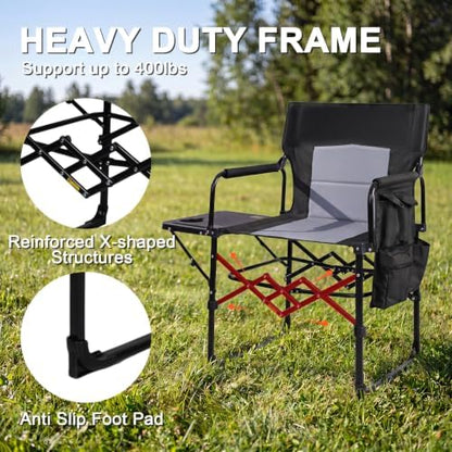 Romswi 2 Pack Folding Director Chair for Outdoor, Heavy Duty Camping Chair with Side Table, Cup Holder & Storage Pockets, Oversized Portable Chair Supports 400 lbs for Fishing, Picnic, Lawn, Black