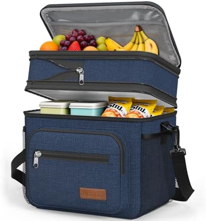 HOTOR Lunch Box Men Women Double-Layer Insulated Lunch Bag Dark Blue 12L