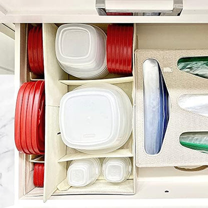 Food Storage Container Organizer 2pc - Lid Organizer Box - Adjustable Kitchen Organizing Box - Compatible with Tupperware Glad Rubbermaid Ziploc Containers - Drawers and Cabinet Organization (2)