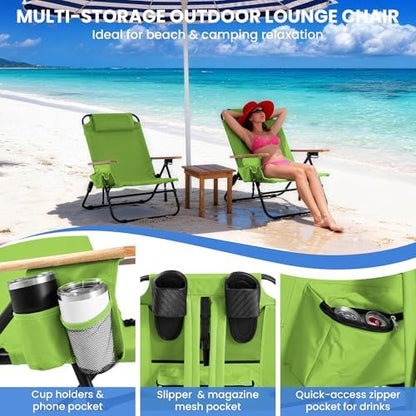 2 Pack Premium 5-Position Reclining Camping Chair - Portable Folding Lightweight Outdoor Chair with Wooden Armrests, Headrest & Pockets, 350lbs Heavy Duty for Beach, Patio, Light Green