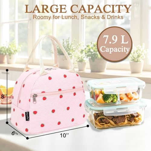 FlowFly Insulated Lunch Bag for Women – Corduroy Lunch Tote Box, Cute Cooler Bag for Work, Travel, Picnic,Corduroy Strawberries Pink