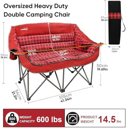 Colorsoul Double Folding Camping Chair,Fully Padded Loveseat Camping Couch,Oversized 2 Person Lawn Chair w/Cup Holder,Wine Glass Holder,Mesh Storage for Patio Picnic Beach,Support 600lbs,Red Plaid
