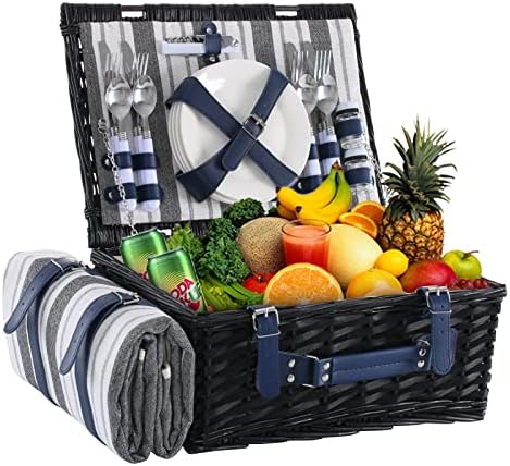 Wicker Picnic Basket for 4 with Waterproof Picnic Blanket