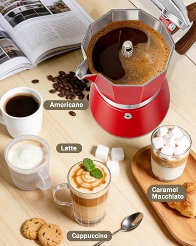 Coffee Maker Stovetop Espresso Maker 9 Cup Aluminum Moka Pot Percolator 15oz 450ml Easy Brewing for Electric Ceramic Stoves Home Camping Italian Cuban Café Classic Red