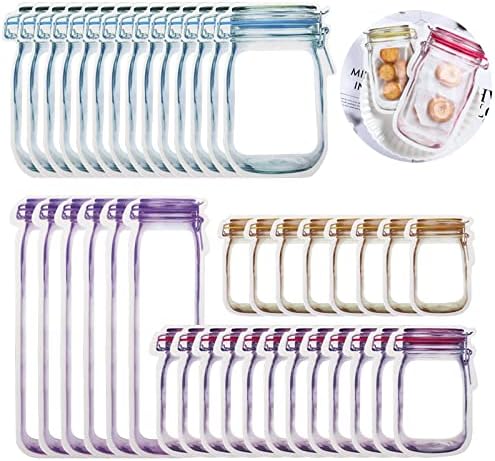 40 Pcs Mason Jar Zipper Bags Reusable Snack Bags with Zipper Seals for Kitchen Travel Camping Picnic Organizer (8S 12M 14L 6T)