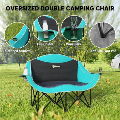 Outsunny Double Camping Chair for Adults, Padded Folding Camp Chair for 2 Person with Armrest, Wine Glass Holder, Cup Holder, Carry Bag for Outdoor Sports, Picnics, Supports up to 552 lbs.