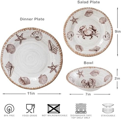 Rustic Farmhouse Melamine Dinnerware Sets, 12 Piece Oceanic Theme Plates and Bowls Set for Patio, Vintage Coastal Dishes Dinnerware Set of 4, Great for Camper, RV, Antique Tan Brown