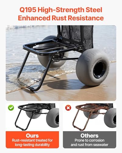 VEVOR Beach Dolly with Big Wheels for Sand, 18" x 15" Cargo Deck, Folding Sand Cart with 12" Balloon Wheels, 165 lbs Loading Capacity & 34" to 45" Adjustable Height, Heavy Duty Cart for Beach Camping