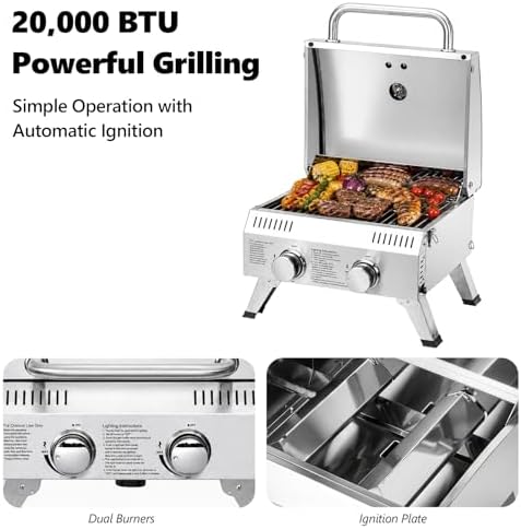 ROVSUN 20000 BTU Stainless Steel Propane Gas Grill with Ignition, 2 Burner Portable Tabletop Grill with Folding Legs & Lockable Lid for Outdoor Patio Garden BBQ Picnic RV Tailgating Camping Cooking