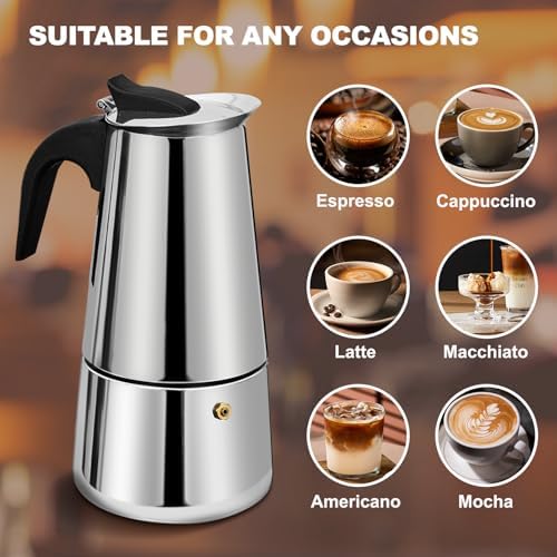2 Cup Stovetop Espresso Maker Stainless Steel Moka Pot Stove Top Percolator Italian Coffee Makers Capable Mocha Greca Machine Cafe Classic Induction Cookers for Home and Camping 100ml 3.3oz
