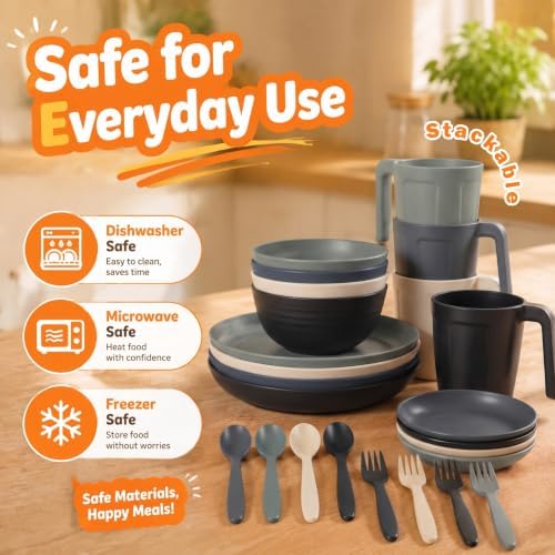 Wrova 24PCS Wheat Straw Dinnerware Sets for 4, Modern Plates and Bowls Sets