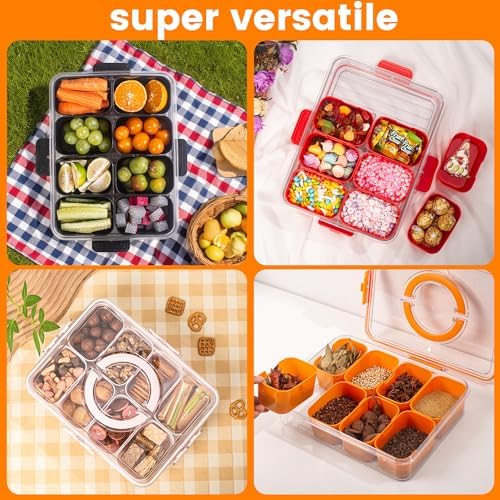 Dingerjar Divided Serving Tray with Lid and Handle - Snackle Box Charcuterie Container for Portable Snack Platters Organizer for Candy, Fruits, Nuts, Snacks - Perfect for Party, Entertaining, Black