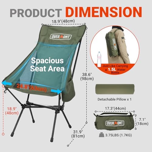 Overmont Portable High-Back Camping Chair - 440LBS Support Oversized Lightweight Folding Backpacking Chair for Adults - Compact with Detachable Pillow for Outdoor Travel Hiking Beach Fishing