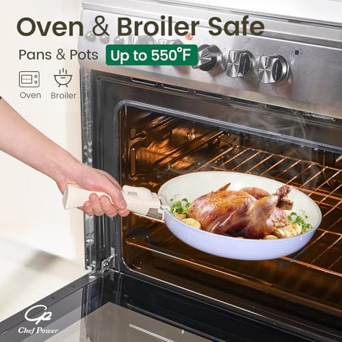 Chef Power Ceramic Nonstick Pots and Pans Set 19 Piece with Detachable Handle, Induction Dishwasher Oven Safe Cookware Set, RV Kitchen Set Removable Handle (Light Purple)