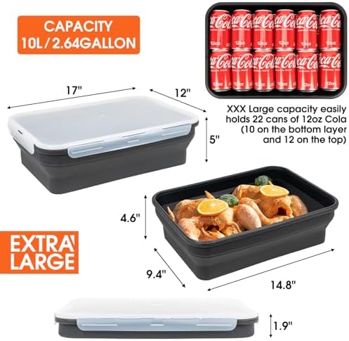 Silicone Collapsible Marinating Container with Lid for Meat, 2.64Gal/10L, Extra Large Collapsible BBQ Prep Tub, Transparent Locking Lid, XL Grill Prep Trays and Carry System, BBQ Must-Have, Black