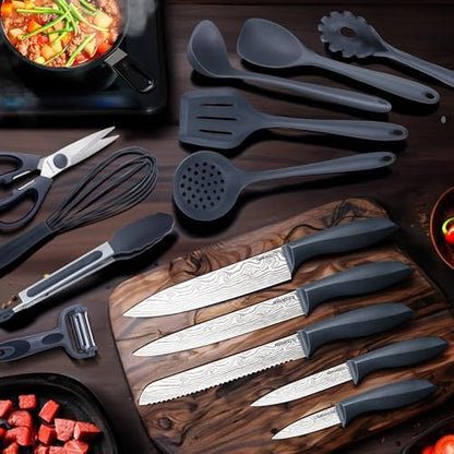 RAXCO Kitchen Set,18-Piece Cooking Utensils and Kitchen Knife Set,Gray
