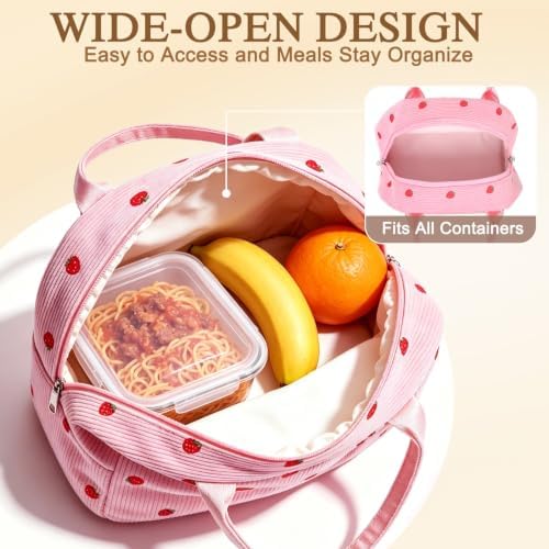 FlowFly Insulated Lunch Bag for Women – Corduroy Lunch Tote Box, Cute Cooler Bag for Work, Travel, Picnic,Corduroy Strawberries RoseRed