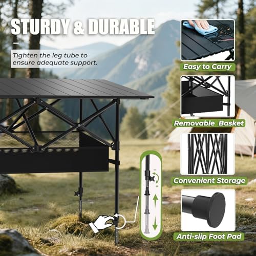 Camping Table Portable, Folding Roll-Up Picnic Table with Carry Bag & Detachable Storage Pockets, Lightweight Outdoor Table for Camping, Backyard, Party, BBQ, Patio
