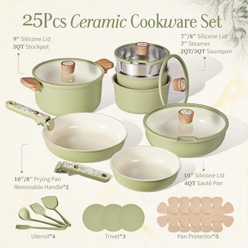 CAROTE 25pcs Ceramic Cookware Sets, Detachable Handle Pots and Pans Set