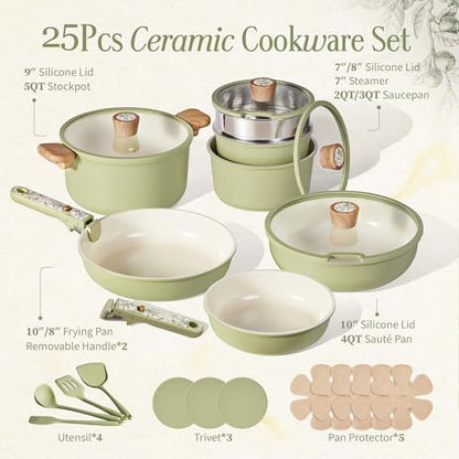CAROTE 25pcs Ceramic Cookware Sets, Detachable Handle Pots and Pans Set