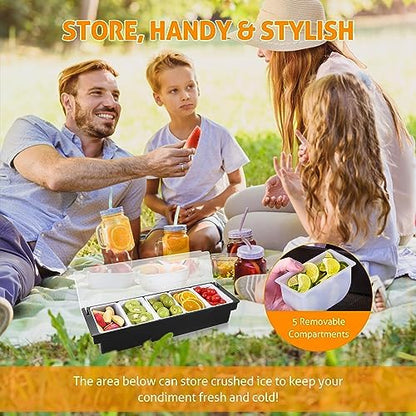 WICHEMI Ice Chilled Condiment Caddy with 5 Removable Trays and Lid, 2 Pack
