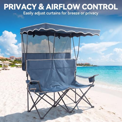 Double Camping Chair with Canopy,2 Person Folding Chair with Canopy, Blue