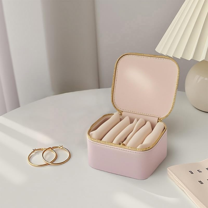 Jewelry Box Organizer for Women,Small Travel Jewelry Case,Mini Travel Jewelry Organizer with 6 Velvet Jewelry Zipper Pouches, Jewelry Box Organizer for Gift Idea for Girls(Pink)