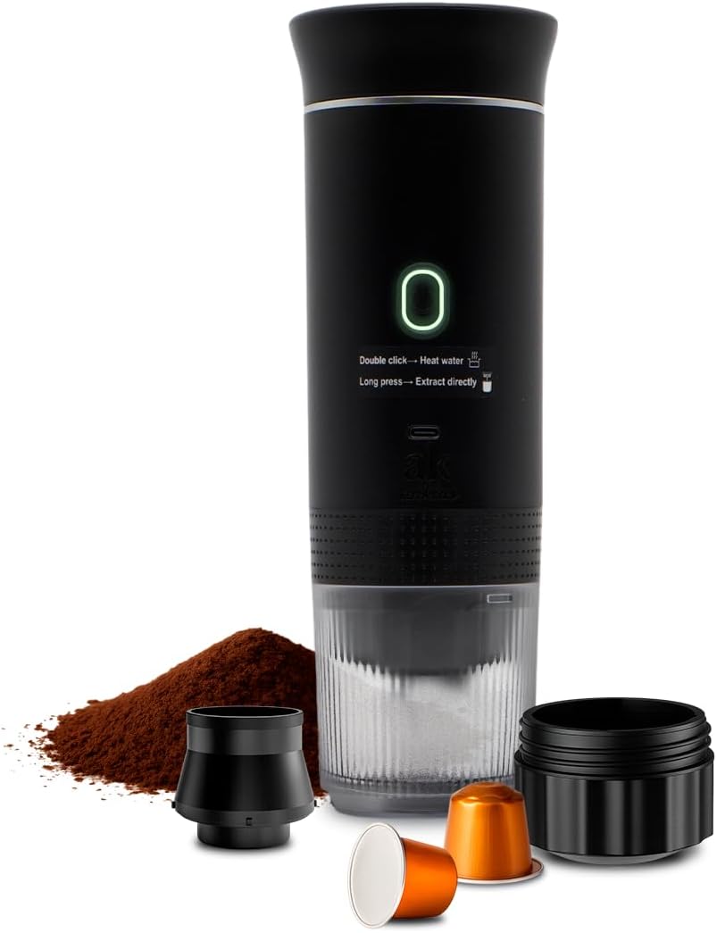 3-in-1 Portable Coffee Maker – Electric Espresso Machine for Travel – Compatible with Ground Coffee, NS & DG Capsules – USB-C Rechargeable Portable Espresso Maker (Black)