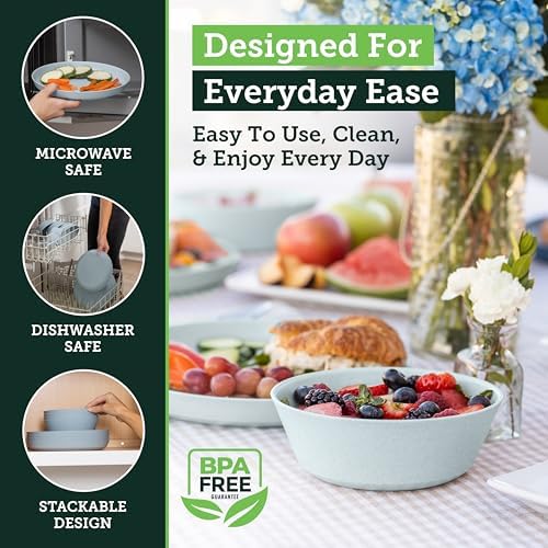 Grow Forward Premium Wheat Straw Plates and Bowls Sets - 8-Piece Wheat Straw Dinnerware Sets - Unbreakable & Reusable Microwave Safe Plastic Dinner Plates for Outdoors, RV, Camping Dishes - Glacier