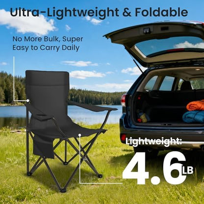Portable Camping Chair 2 Pack, Folding Outdoor Chair with Cup Holder & Side Pocket for Camping, Hiking, Picnic, Beach (Black, 2 Pack)