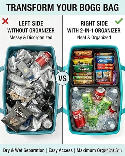 Insulated Cooler Organizer Insert Compatible with XL Bogg Bag,2-in-1 Dry-Wet Separate Tote Insert Leakproof Cooler&Mesh Storage Bag,Bogg Bag Accessories for Beach,Camping