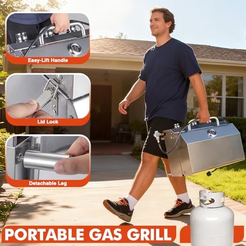 Llamaviva 3 Burner Gas Propane Grill with Dual Fuel Adapter,22500 BTU Stainless Steel Tabletop Portable Grill for Outdoor Barbecue Camping Cooking RV