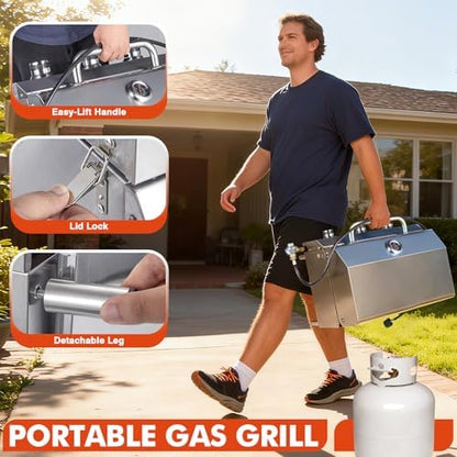 Llamaviva 3 Burner Gas Propane Grill with Dual Fuel Adapter,22500 BTU Stainless Steel Tabletop Portable Grill for Outdoor Barbecue Camping Cooking RV