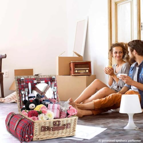 Wicker Picnic Basket for 4 with Waterproof Picnic Blanket