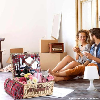 Wicker Picnic Basket for 4 with Waterproof Picnic Blanket