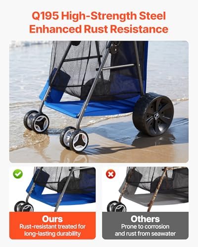 VEVOR Beach Cart, 165LBS Load Capacity, Portable Folding Beach Wagon Dolly with 10" Solid Wheel for Sand, Insulated Cooler Bag, Large Mesh Bag&Umbrella Holder for Outdoor Camping Fishing