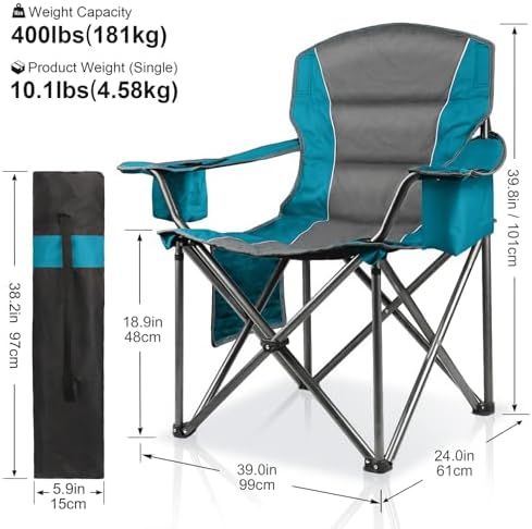 Oversized Padded Camping Chairs for Adults,Heavy Duty Support 400 Lbs,Folding Portable Lawn Chair w/Cup Holder,Cooler Bag,Side Pocket,Perfect for Outdoor Picnic,Hiking(Blue)