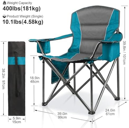 Oversized Padded Camping Chairs for Adults,Heavy Duty Support 400 Lbs,Folding Portable Lawn Chair w/Cup Holder,Cooler Bag,Side Pocket,Perfect for Outdoor Picnic,Hiking(Blue)