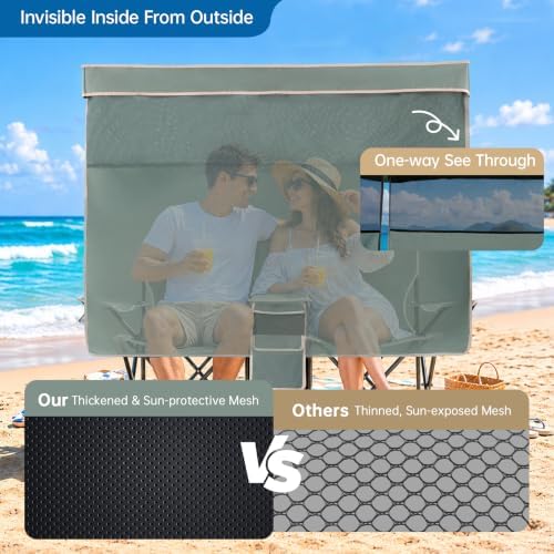 Double Beach Chair with Canopy Shade Oversized Camping Chairs with Canopy, Cooler Bag & Cup Holder Folding Loveseat for Camp Fishing Beach