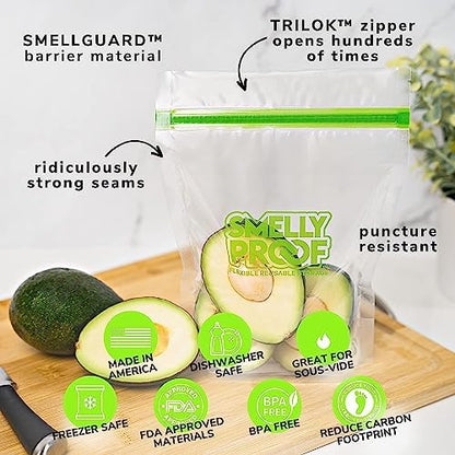 Smelly Proof 15 x Expandable Stand & Fill REUSABLE Storage Bags for Food Designed & Mfg in US, BPA FREE, NO PEVA, Reusable Sandwich Bags, Dishwasher-Safe, Clear 3 mils STAND UP 6.5" x 7.5" - 15pk