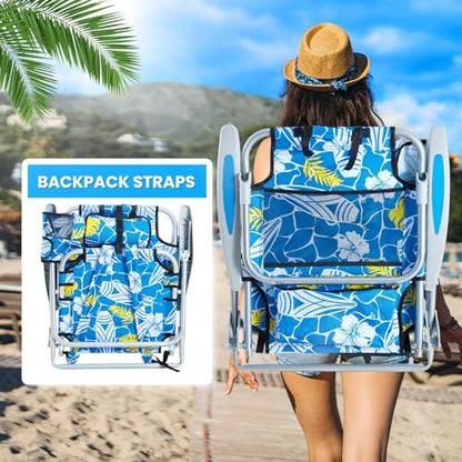 2 Pack Lightweight Portable Camping Beach Chair for Adults, Outdoor Lay Flat Folding Beach Chairs with 5 Positions, Backpack Beach Chair with Towel Bar, Zipper Pouch, Hawaiian Style
