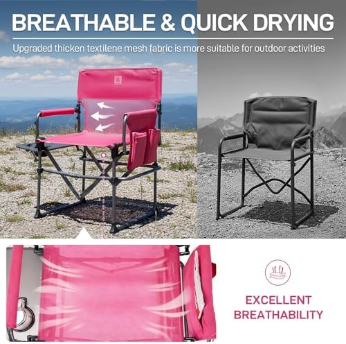 EVER ADVANCED Camping Directors' Chair with Side Table, Portable Folding with Compact Size, Breathable & Quick Dry Design Heavy Duty Lawn Chair with Pocket, 400lbs, Textilene Mesh, Pink