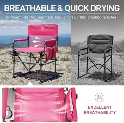 EVER ADVANCED Camping Directors' Chair with Side Table, Portable Folding with Compact Size, Breathable & Quick Dry Design Heavy Duty Lawn Chair with Pocket, 400lbs, Textilene Mesh, Pink